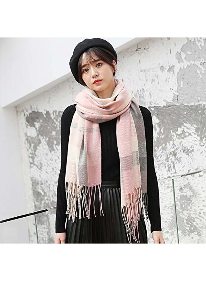 Mocasor Women's Plaid Blanket Scarf Fall Winter Soft Warm Large Lattice Shawl Wraps Big Tartan Scarves for Ladies, Pink Grey, L - Image 2