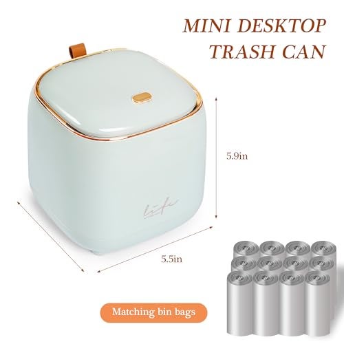 PANDENNER Mini Countertop Trash Can with 10 Rolls of Trash Bags, Desk Tiny Trash Can with Press Type Lid, Desktop TrashCan Applicable for Bathroom Vanity Home Office (Light Blue) - Image 2
