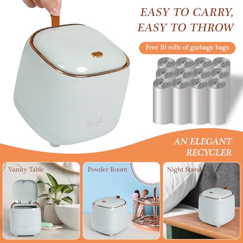 PANDENNER Mini Countertop Trash Can with 10 Rolls of Trash Bags, Desk Tiny Trash Can with Press Type Lid, Desktop TrashCan Applicable for Bathroom Vanity Home Office (Light Blue) - Image 3