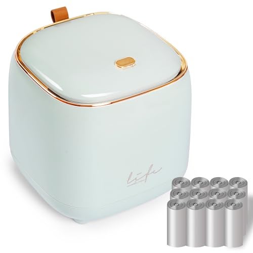 PANDENNER Mini Countertop Trash Can with 10 Rolls of Trash Bags, Desk Tiny Trash Can with Press Type Lid, Desktop TrashCan Applicable for Bathroom Vanity Home Office (Light Blue) - Image 1