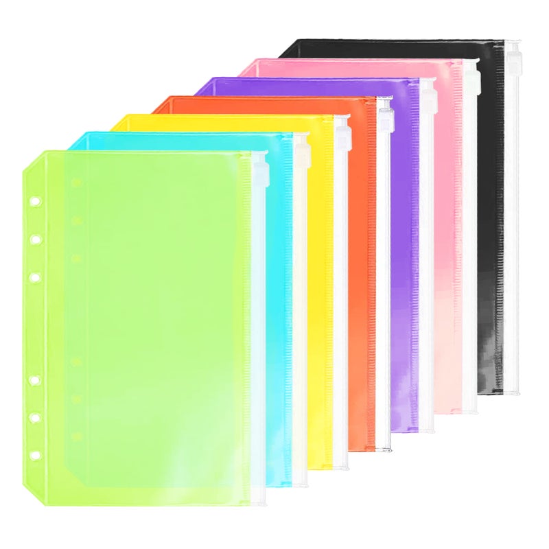 Zelten 7 Pack A5 6 Holes Binder Pockets Plastic Binder Zipper Folders Waterproof 6 Holes Zipper Loose Leaf Bags Zip Lock Envelope for Documents Notebooks Cards (7 Color Zip Pocket, A5) - Image 1