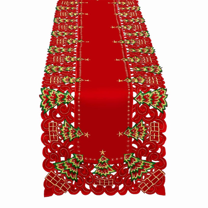 Grelucgo Grelucgo Embroidered Christmas Holiday Holly Tree Table Runner Dresser Scarf Rectangular 16 x 90 Inch