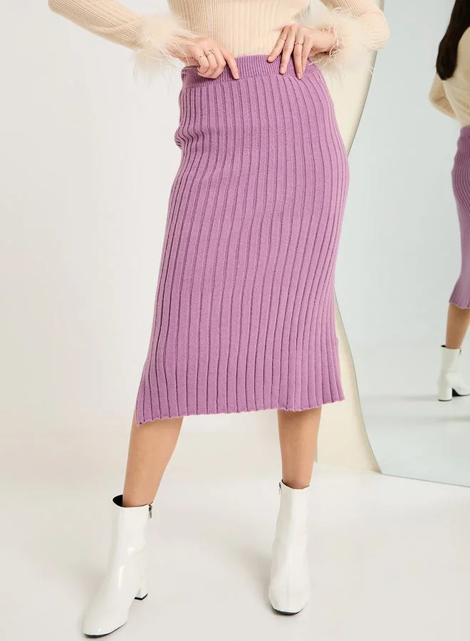 Styli Knit Ribbed Bodycon Midi Skirt With Side Slit
