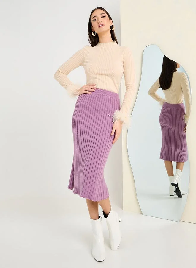 Styli Knit Ribbed Bodycon Midi Skirt With Side Slit