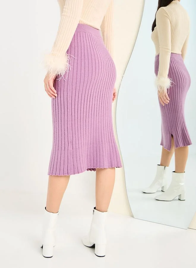 Styli Knit Ribbed Bodycon Midi Skirt With Side Slit