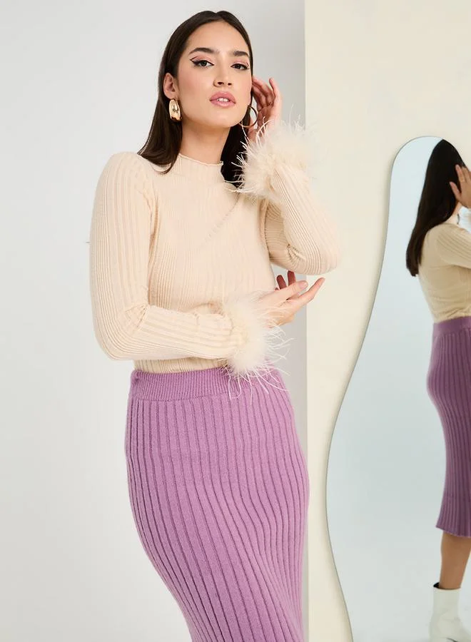 Styli Knit Ribbed Bodycon Midi Skirt With Side Slit