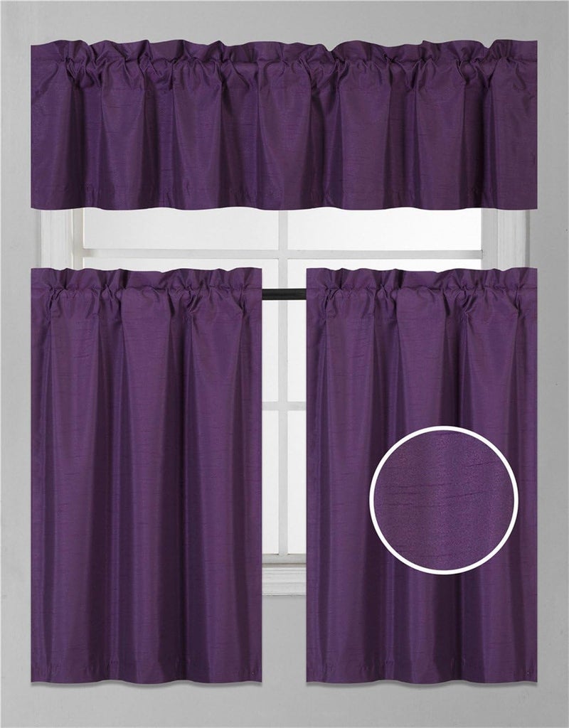Fancy Linen Fancy Collection 3 Pieces Faux Silk Blackout Kitchen Curtain Set - Tier Curtains and Valance Solid Dark Purple Window Thermal Backing Drapes - Assorted Colors New - Image 1