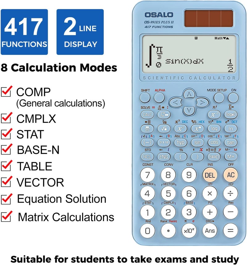 OSALO Scientific Calculator 417 Functions 2 Line Written Display Solar & Battery Power 10+2 Digits Calculators for School Students College Blue (OS-991ES Plus 2nd Edition) - Image 3
