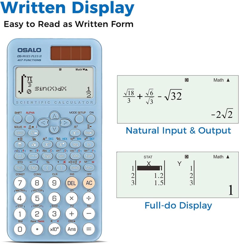 OSALO Scientific Calculator 417 Functions 2 Line Written Display Solar & Battery Power 10+2 Digits Calculators for School Students College Blue (OS-991ES Plus 2nd Edition) - Image 2