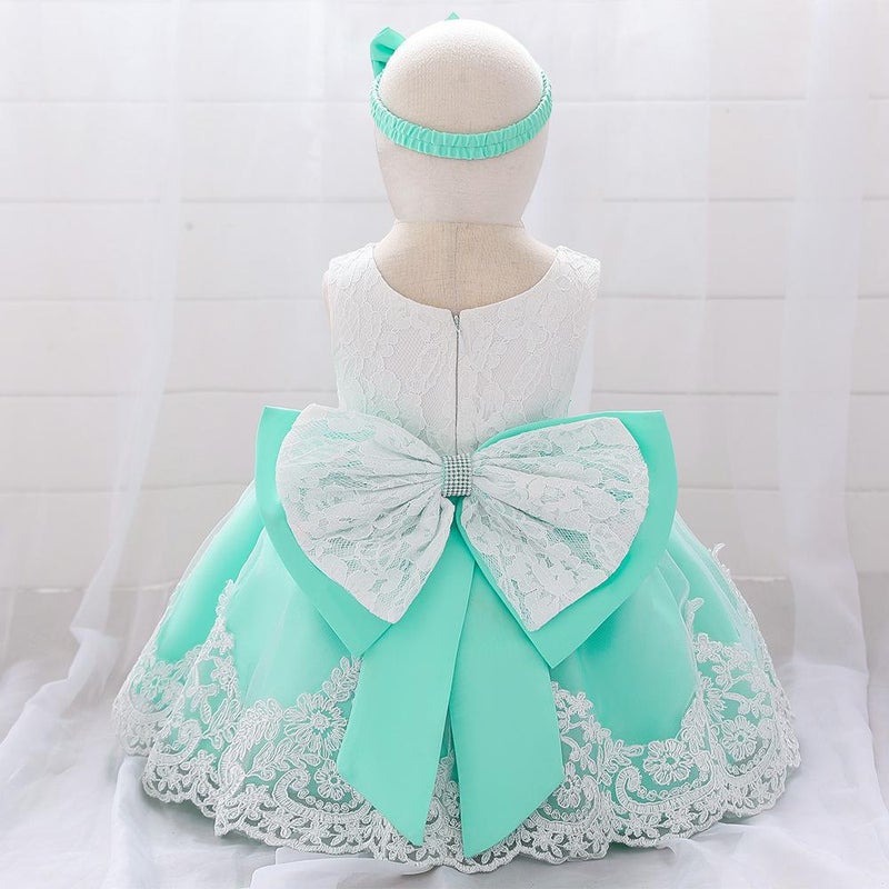 Amazon Baby Dress Big Bow Lace Wedding Princess Dress Baby One Year Old Wash Dress Hair Belt L1911XZ-Apple Green 