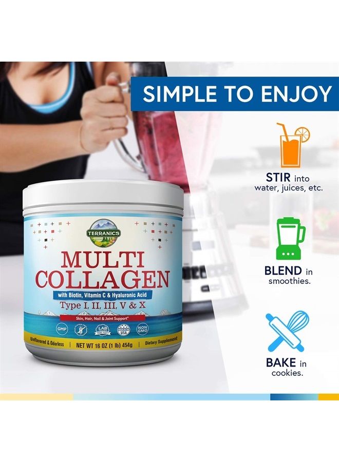 Terranics Multi Collagen Powder Type I II II V X with Biotin Vitamin C Hyaluronic Acid, Paleo & Keto Friendly, Skin Hair Nail & Joint Support, Bovine Marine Chicken & Eggshell, Non-GMO Gluten-Free, Unflavored - Image 3