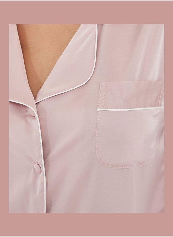 Long Sleeves Solid Contrast Piped Shirt and Pyjama Set