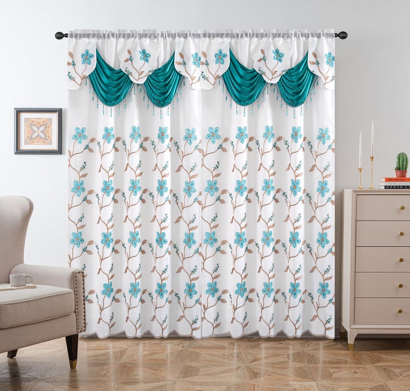 Petrichor Embroidered Sheer Curtain 2 Panels Set - Luxury Window Curtain Attached Valance with Satin Backing and 2 Tie Backs for Living Room,Dining Room, 54x84 inches, Turquoise - Image 2