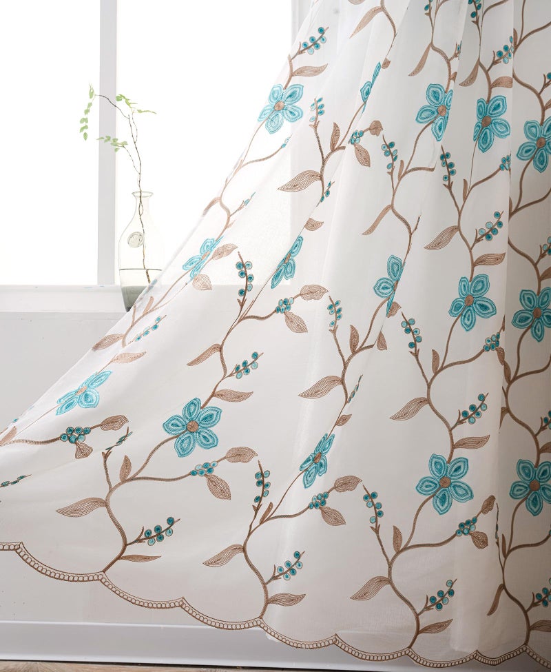 Petrichor Embroidered Sheer Curtain 2 Panels Set - Luxury Window Curtain Attached Valance with Satin Backing and 2 Tie Backs for Living Room,Dining Room, 54x84 inches, Turquoise - Image 3
