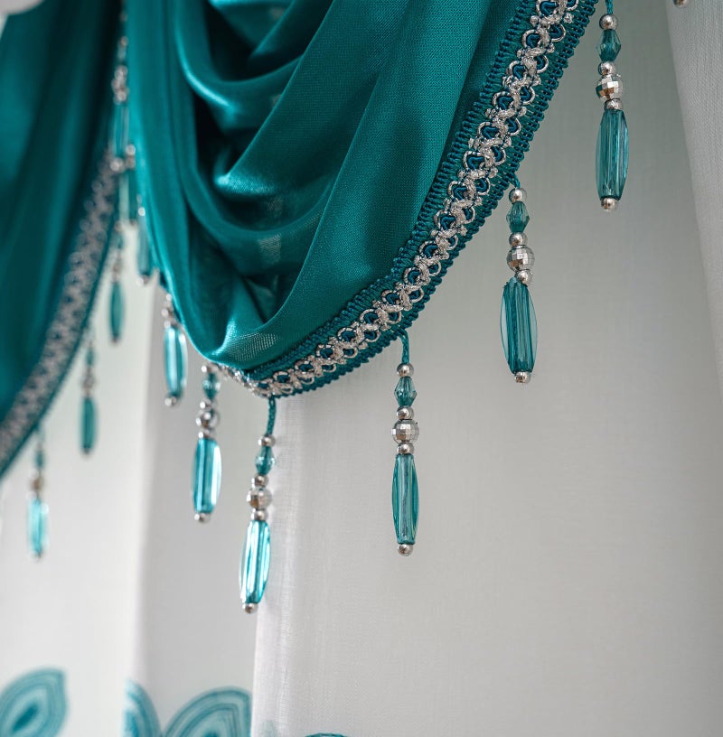 Petrichor Embroidered Sheer Curtain 2 Panels Set - Luxury Window Curtain Attached Valance with Satin Backing and 2 Tie Backs for Living Room,Dining Room, 54x84 inches, Turquoise - Image 5