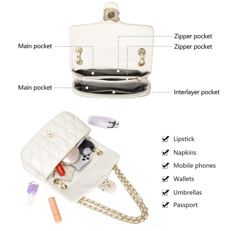 Pelimoo Quilted Crossbody Purse for Women Trendy - Ladies Shoulder Bag Leather Satchel Handbag Designer Evening Clutch with Chain Strap (Beige) - Image 5