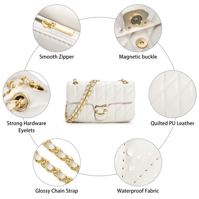 Pelimoo Quilted Crossbody Purse for Women Trendy - Ladies Shoulder Bag Leather Satchel Handbag Designer Evening Clutch with Chain Strap (Beige) - Image 4