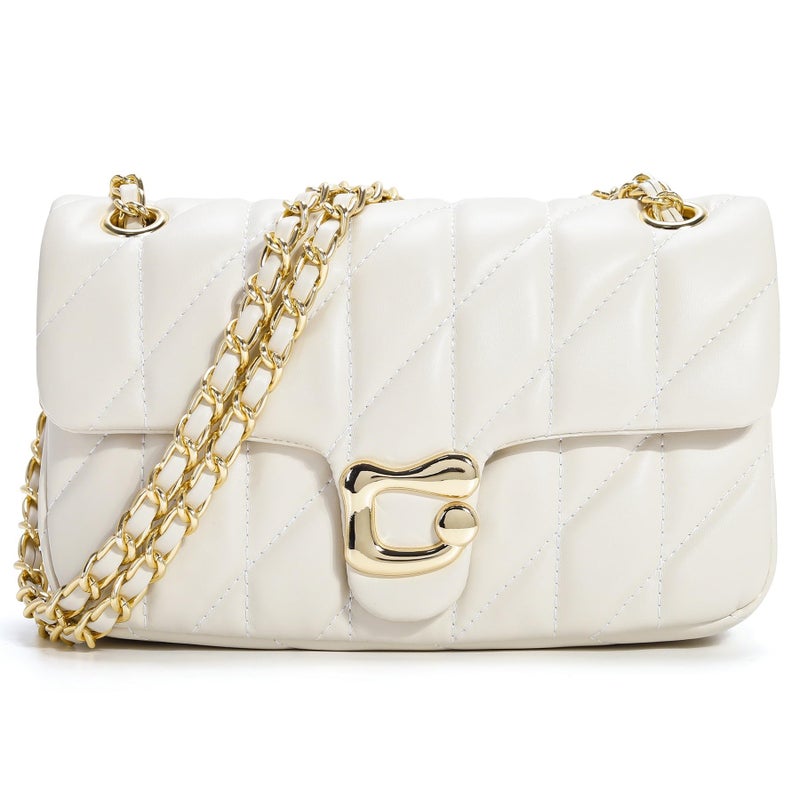 Pelimoo Quilted Crossbody Purse for Women Trendy - Ladies Shoulder Bag Leather Satchel Handbag Designer Evening Clutch with Chain Strap (Beige) - Image 1