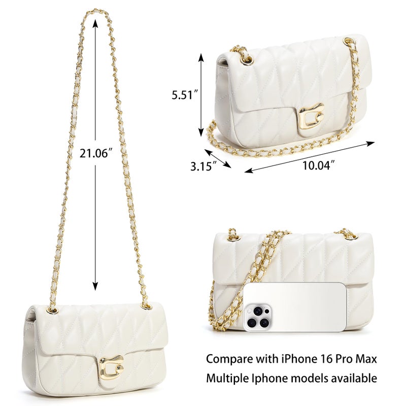 Pelimoo Quilted Crossbody Purse for Women Trendy - Ladies Shoulder Bag Leather Satchel Handbag Designer Evening Clutch with Chain Strap (Beige) - Image 3