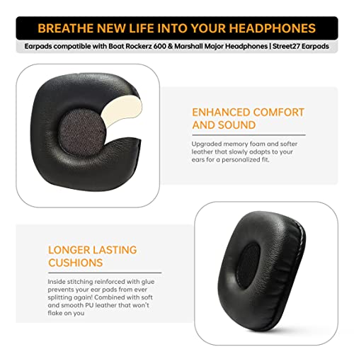 Street27® Protein Leather Replacement Ear Pads Cushions Compatible with Marshall Major, Boat Rockerz 600 Headset Headphone - Black - Image 2
