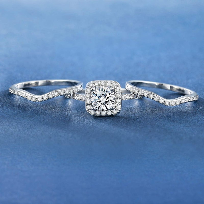 MDFUN 18K White Gold Plated Cubic Zirconia Three-in-One Halo Wedding Engagement Promise Eternity Ring for Women - Image 4