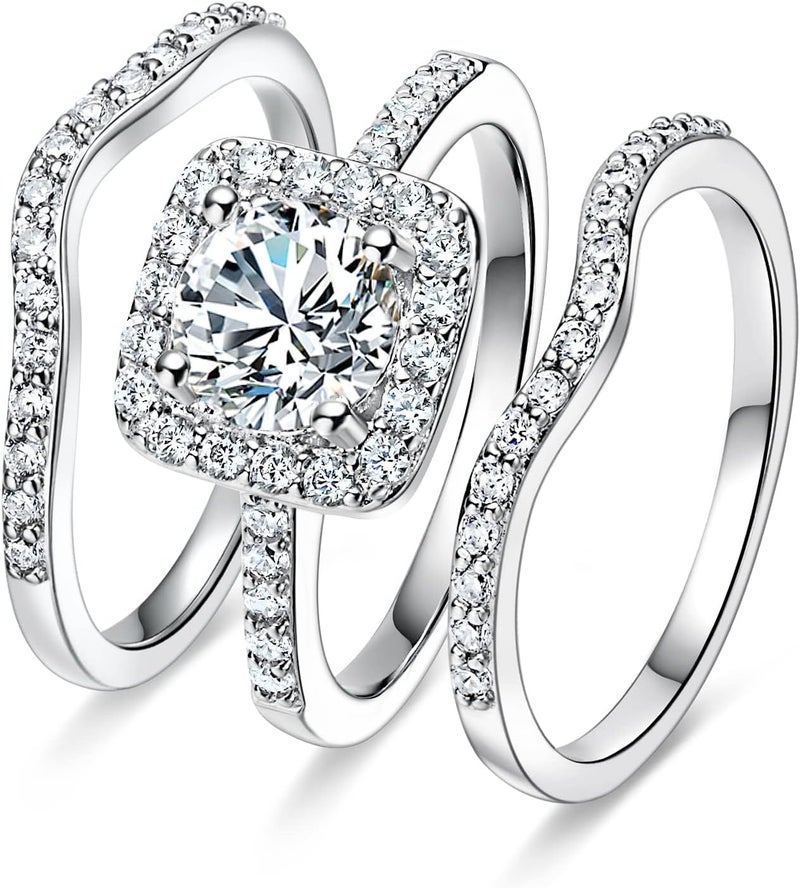 MDFUN 18K White Gold Plated Cubic Zirconia Three-in-One Halo Wedding Engagement Promise Eternity Ring for Women - Image 1