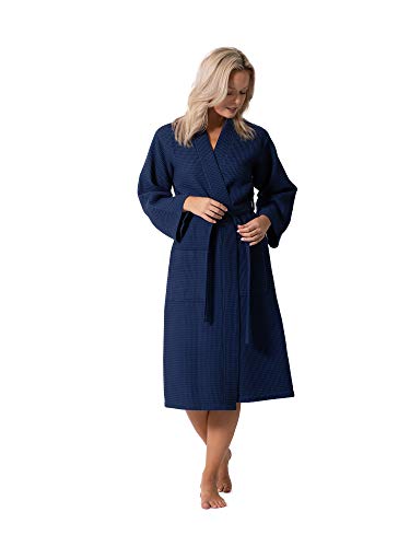 Turkish Linen Waffle Knit Lightweight Kimono Spa & Bath Robes for Women - Quick Dry - Soft (Navy, Medium) - Image 3