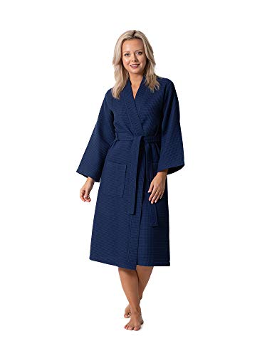 Turkish Linen Waffle Knit Lightweight Kimono Spa & Bath Robes for Women - Quick Dry - Soft (Navy, Medium) - Image 1