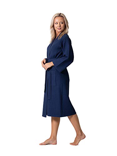 Turkish Linen Waffle Knit Lightweight Kimono Spa & Bath Robes for Women - Quick Dry - Soft (Navy, Medium) - Image 2
