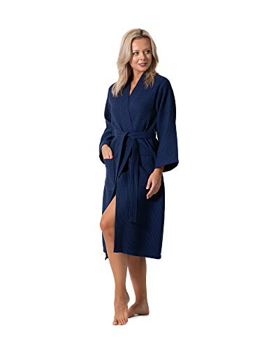 Turkish Linen Waffle Knit Lightweight Kimono Spa & Bath Robes for Women - Quick Dry - Soft (Navy, Medium) - Image 5
