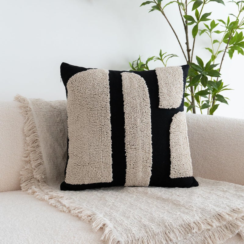 VANNCIO Black Cream Boho Chunky Tufted Pillow Cover, Neutral Decorative Square Throw Pillow Case, Geometric Woven Modern Sham for Bed Couch Living Room, 18x18 inches, 1PCS - Image 3