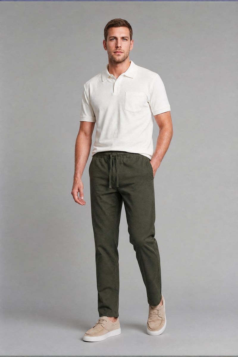 DeFacto Green Man Linen Blend Elastic Waist Regular Fit Green Trousers Casual - Image 1