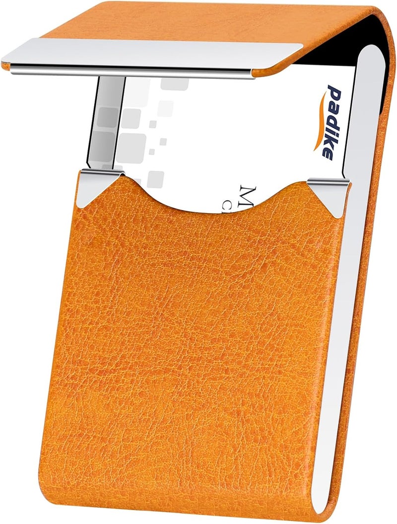 Padike Professional Business Card Holder PU Leather Business Card Case Name Card Holder Slim Metal Pocket Card Holder with Magnetic Shut (Z-Orange) - Image 1