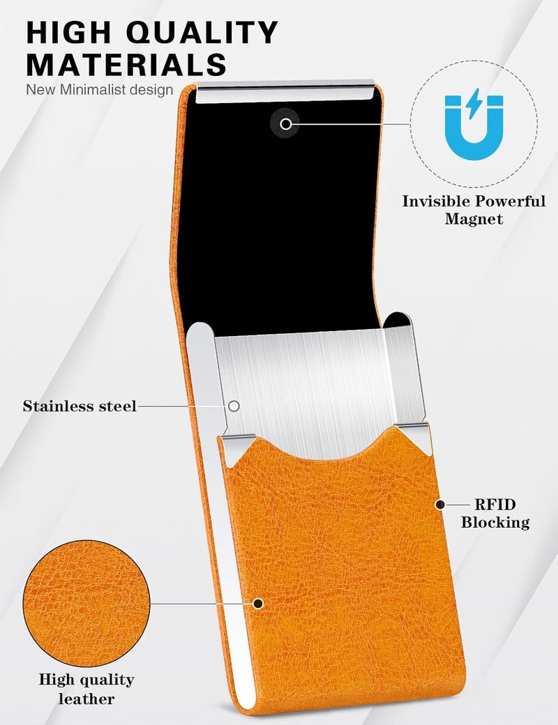 Padike Professional Business Card Holder PU Leather Business Card Case Name Card Holder Slim Metal Pocket Card Holder with Magnetic Shut (Z-Orange) - Image 2