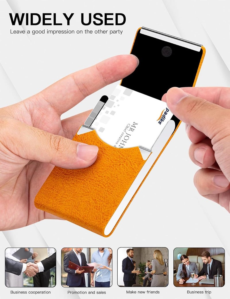 Padike Professional Business Card Holder PU Leather Business Card Case Name Card Holder Slim Metal Pocket Card Holder with Magnetic Shut (Z-Orange) - Image 5