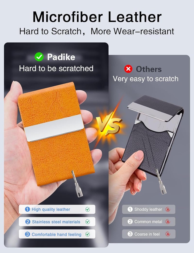 Padike Professional Business Card Holder PU Leather Business Card Case Name Card Holder Slim Metal Pocket Card Holder with Magnetic Shut (Z-Orange) - Image 3