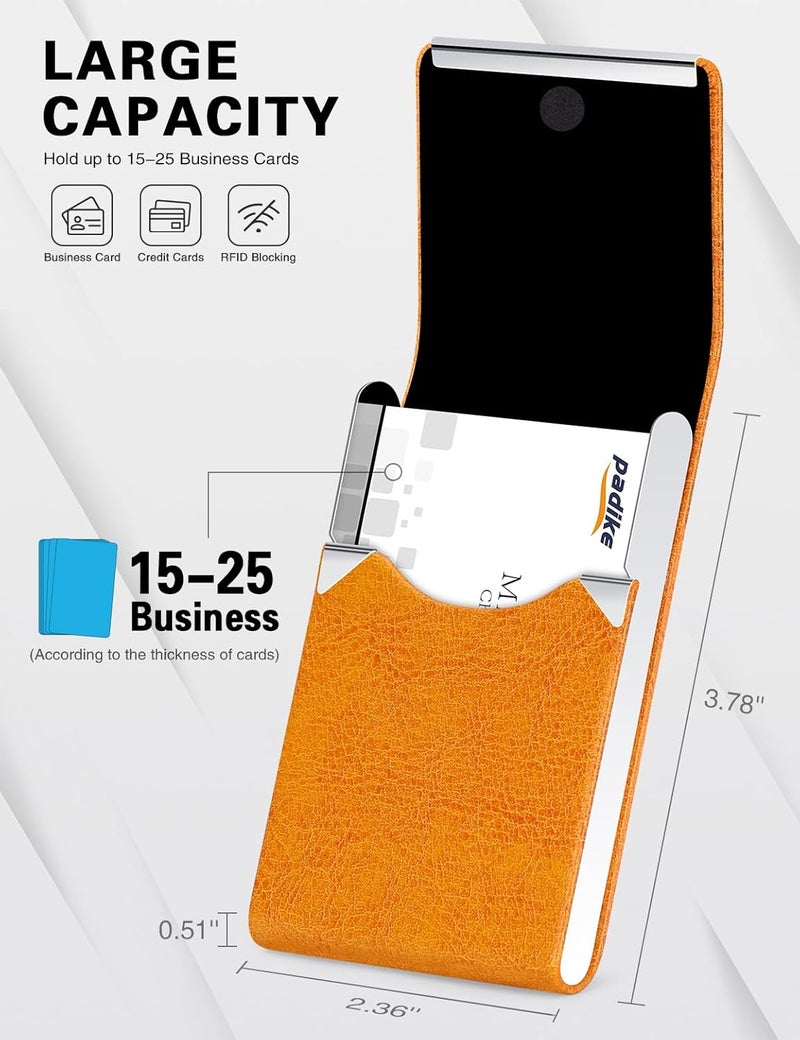 Padike Professional Business Card Holder PU Leather Business Card Case Name Card Holder Slim Metal Pocket Card Holder with Magnetic Shut (Z-Orange) - Image 4