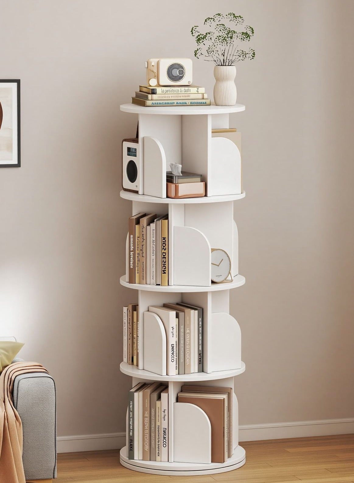 Round Rotating Bookshelf 360° Spinning Bookcase Organizer with 3 or 4 Shelves, Corner Standing Storage Rack for Home Office, Tall Narrow Bookcase for Small Spaces, Bedroom, Kids Room