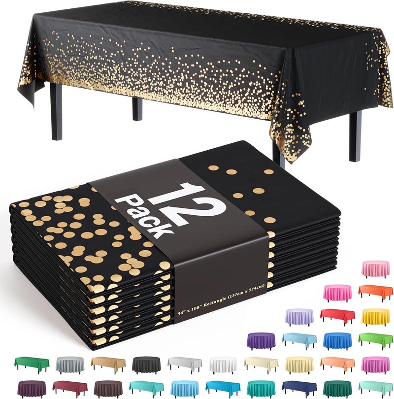Exquisite Party Solids White and Gold Tablecloth Pack Of 12 New Years Plastic Tablecloth Black and Gold Dot 54 Inch X 108 Inch Rectangle Table Cover Black and Gold Party Decorations - Image 1