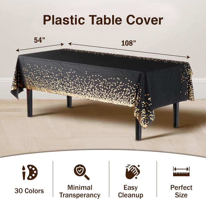 Exquisite Party Solids White and Gold Tablecloth Pack Of 12 New Years Plastic Tablecloth Black and Gold Dot 54 Inch X 108 Inch Rectangle Table Cover Black and Gold Party Decorations - Image 3