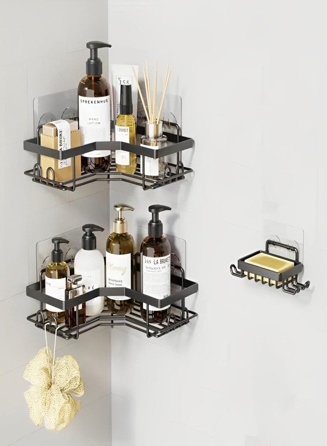 TORO Stainless Steel Self Adhesive Bathroom Shelf for Wall Bathroom Organiser for Accessories Items Bathroom Stand/Rack/Shelves Without Drilling (Black_Triangle, Pack 03)