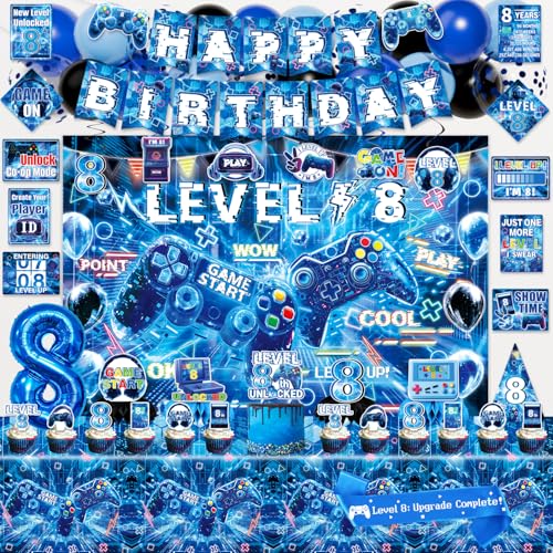 Mpanwen Gamer 8th Birthday Decorations for Boys Blue Video Game Level 8 Bday Party Decor Supplies for 8 Years Old Boy with Backdrop Banner Tablecloth Centerpieces Hanging Swirls Hat Wall Signs - Image 1