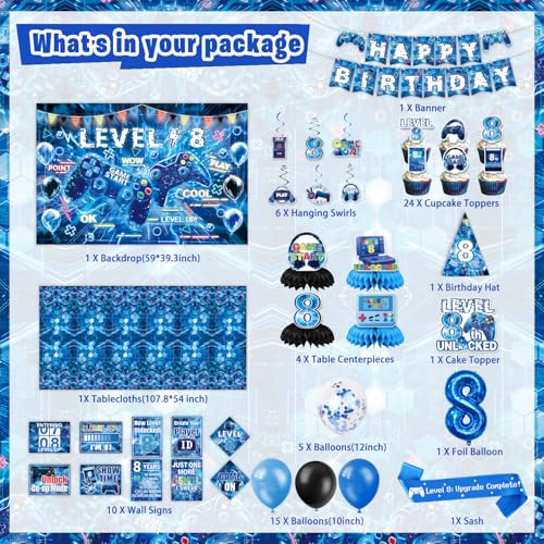Mpanwen Gamer 8th Birthday Decorations for Boys Blue Video Game Level 8 Bday Party Decor Supplies for 8 Years Old Boy with Backdrop Banner Tablecloth Centerpieces Hanging Swirls Hat Wall Signs - Image 5