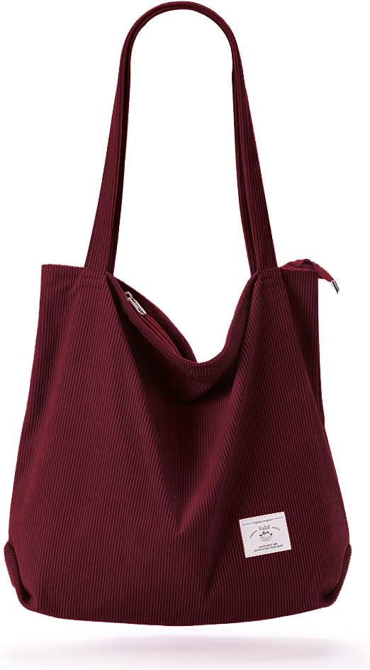 KALIDI FANCY FOREST KALIDI Corduroy Bag Women Large Tote Bag with Zipper Pockets Casual Shoulder Bag Big Capacity Shopping Bag, Red - Image 1