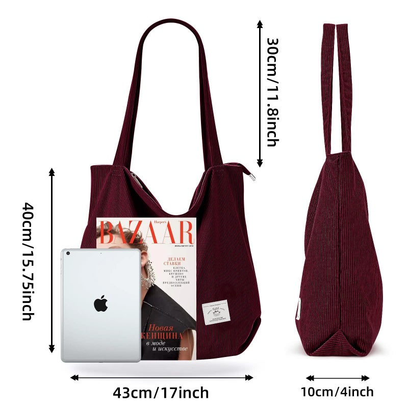 KALIDI FANCY FOREST KALIDI Corduroy Bag Women Large Tote Bag with Zipper Pockets Casual Shoulder Bag Big Capacity Shopping Bag, Red - Image 2