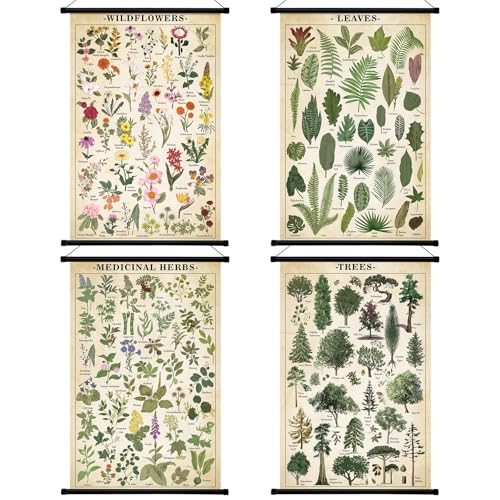 Lewtemi 4 Pcs Vintage Poster Nature Botanical Wall Art Wildflowers Leaves Medicinal Herbs Trees Wall Hanging Poster Prints Plants Chart Poster for Classroom 1535 x 2362 InchRetro Green Plants - Image 1