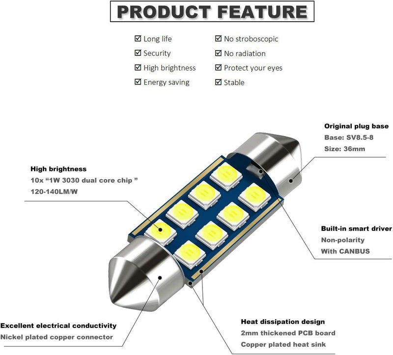 DODOFUN 12V 36MM Festoon 6418 DE3423 DE3425 6000K White Extra Bright LED Bulbs - 10 Pack - Image 3