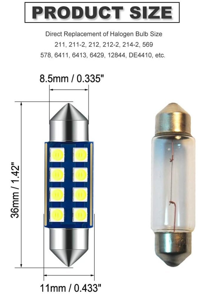 DODOFUN 12V 36MM Festoon 6418 DE3423 DE3425 6000K White Extra Bright LED Bulbs - 10 Pack - Image 2