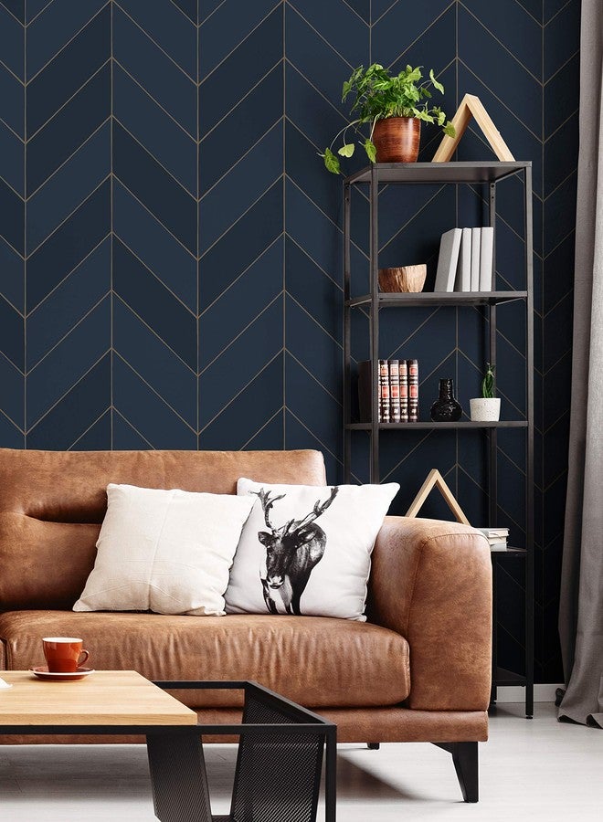 Simple Shapes Gold Lines Chevron Vinyl Wallpaper Peel and Stick (Single Sheet - 2ft x 9ft, Navy) - Image 3