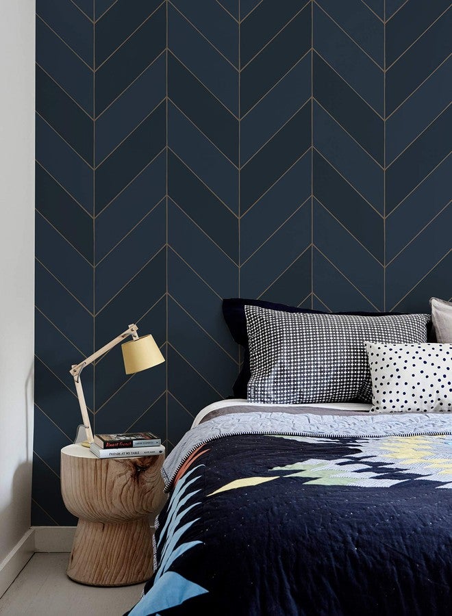 Simple Shapes Gold Lines Chevron Vinyl Wallpaper Peel and Stick (Single Sheet - 2ft x 9ft, Navy) - Image 2